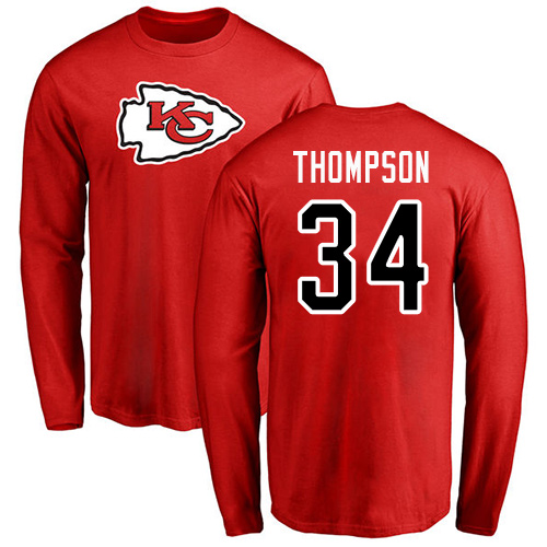 Men Kansas City Chiefs #34 Thompson Darwin Red Name and Number Logo Long Sleeve T-Shirt->nfl t-shirts->Sports Accessory